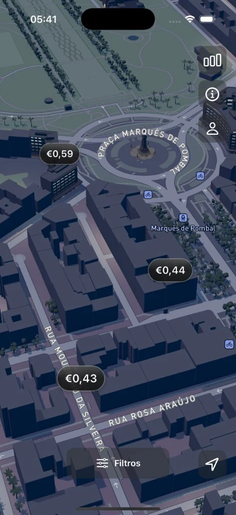 Mapa VoltPass no Marquês de Pombal, três preços